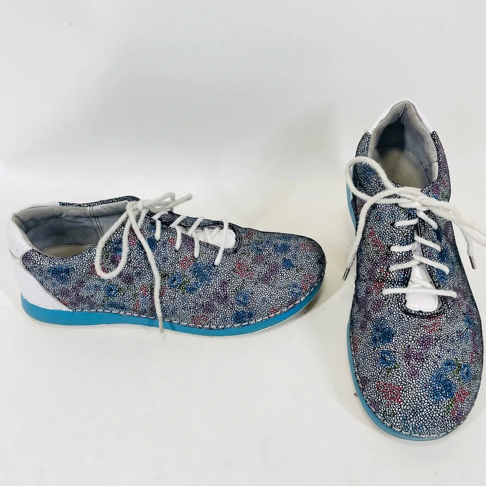Alegria Essence ESS-132 Blue Floral Pebbled Leather Walking Sneakers Womens 38